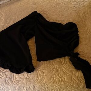 Impressions Black Ruffled Blouse One Sleeve Blouse Side Zip